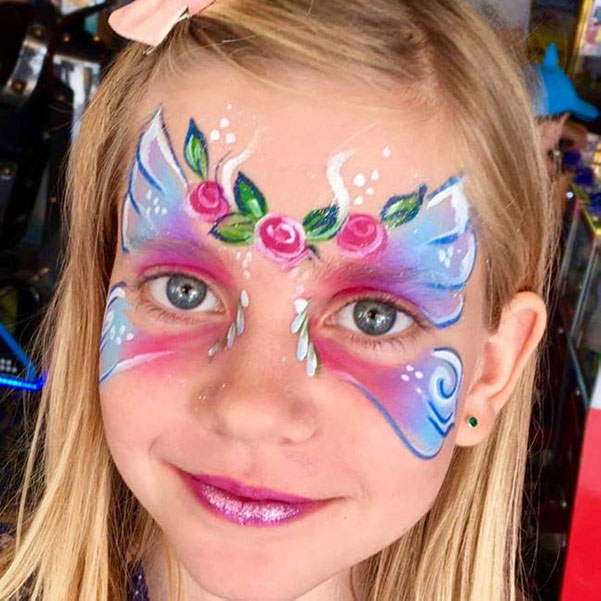 Facepainting design with butterfly and flowers